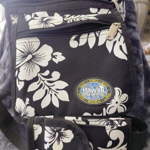 Hawaii Spirit Black & White Floral Crossbody  Travel Bag. Multiple Compartments.